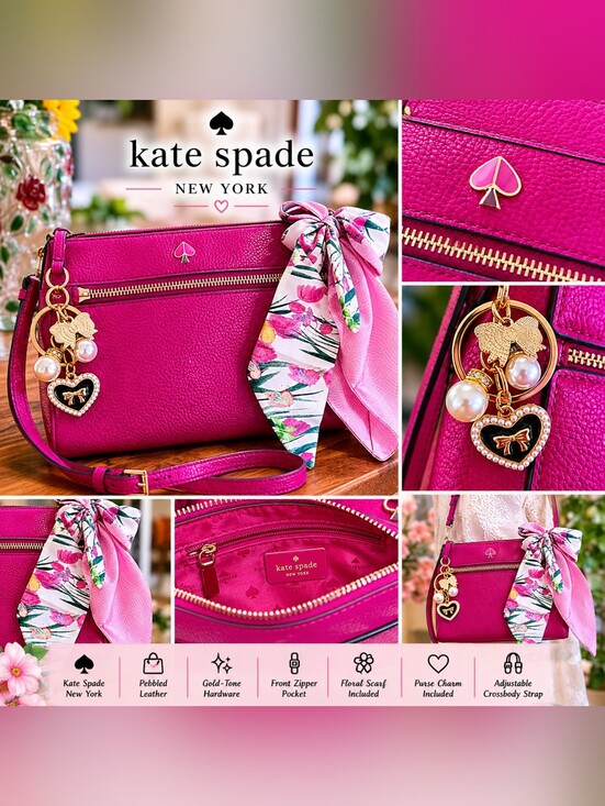 kate spade Handbags - 💗Kate Spade Crossbody Purse with Floral Scarf & Purse Charm – Pink/Fuchsia